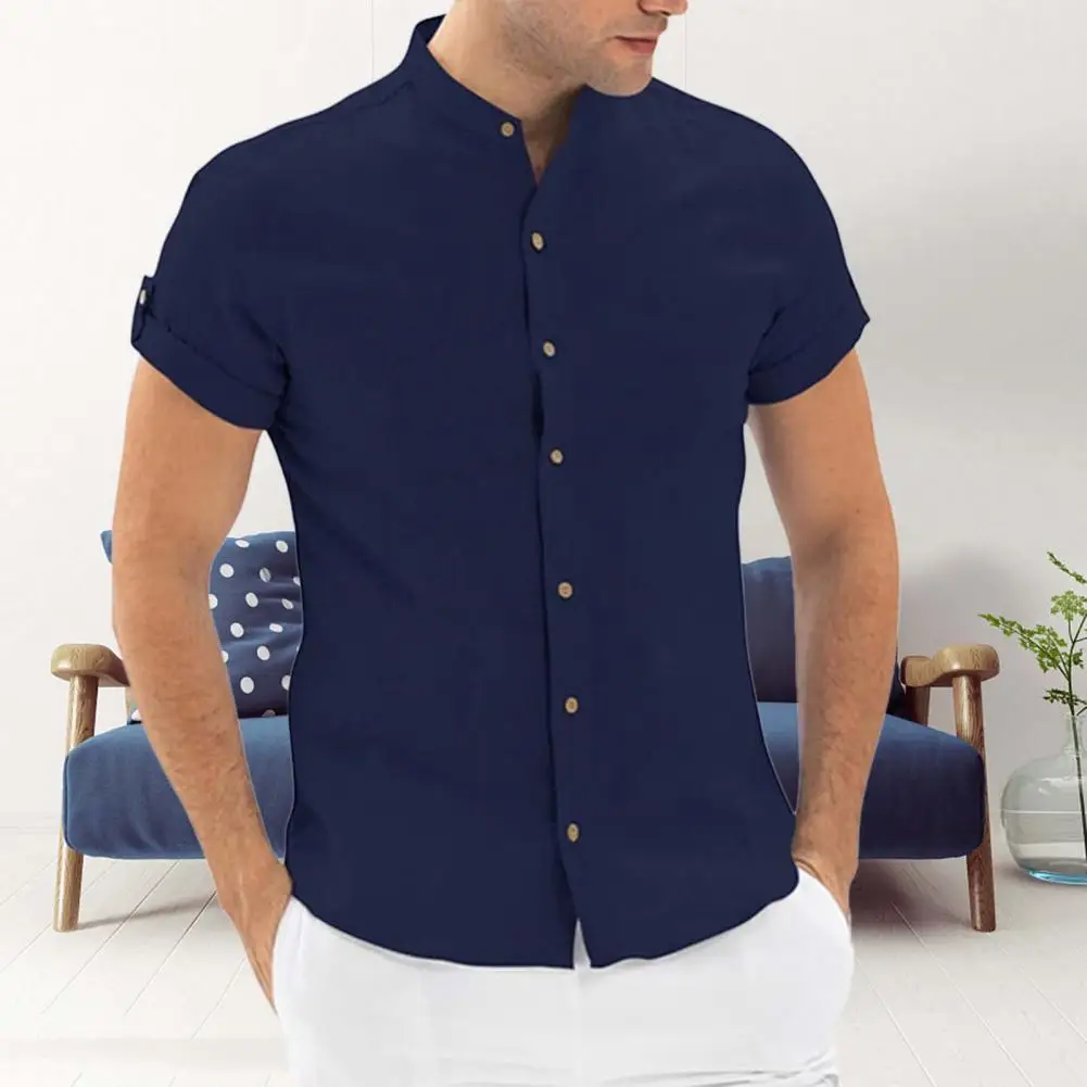 

Fashion Men Tops Single-breasted Stand Collar M-2XL Summer Casual Shirt Commuter Clothes Casual Shirt Streetwear