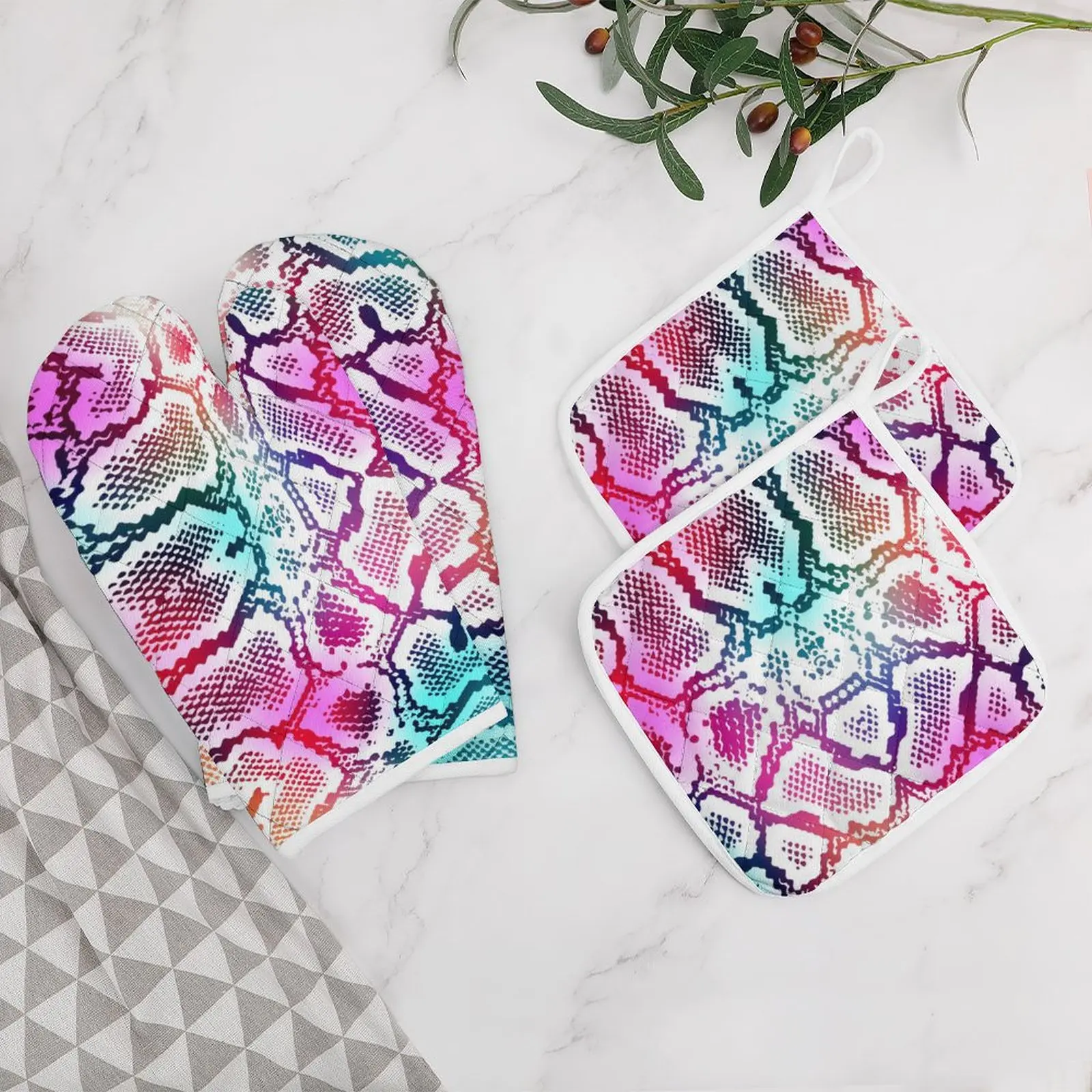 

Oven Mitts and Pot Holders Set 4PC Thicken Heat-Resistant Gloves and Pot Holders for Baking Cooking Fluorescent Snake Skin