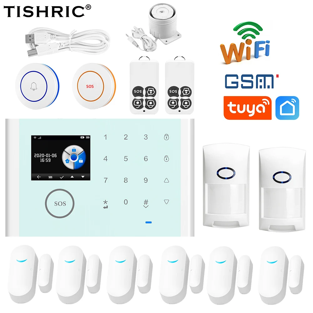 TISHRIC Tuya Wireless Home Alarm Doorbell Security Alarms For Home Kit Wifi Smart Switch Smart Life Alarm System GSM App Control