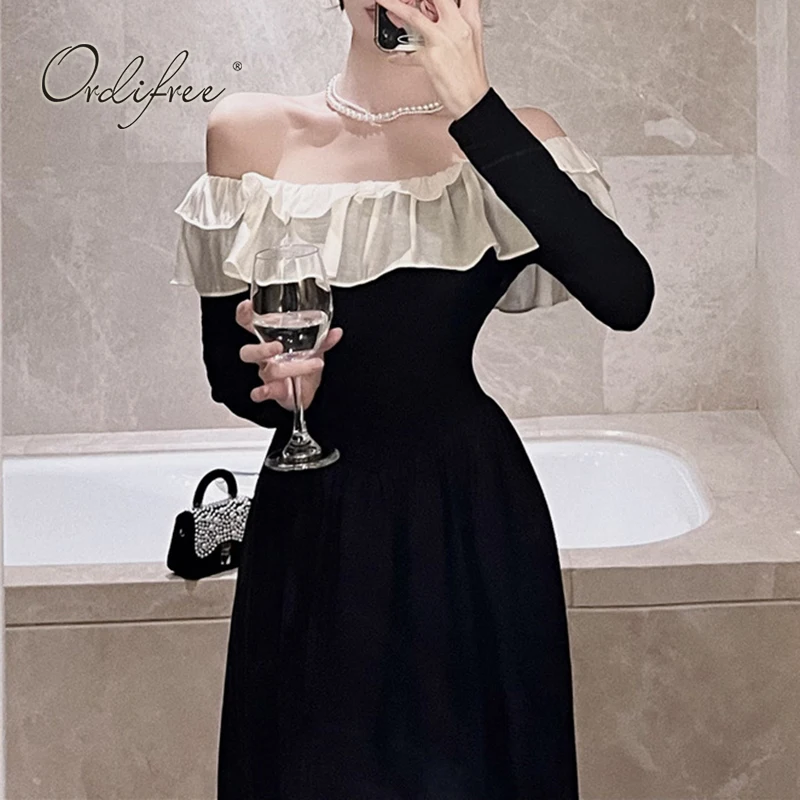 

Женское длинное вечернее платье Ordifree, черное винтажное платье макси с длинным рукавом, открытыми плечами и оборками, весна-осень 2023