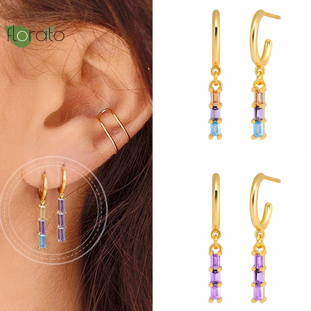 

925 Sterling Silver Needle Colorful Geometric Pendant Gold Earrings for Women CZ Delicate Stud Earrings Wedding Luxury Jewelry