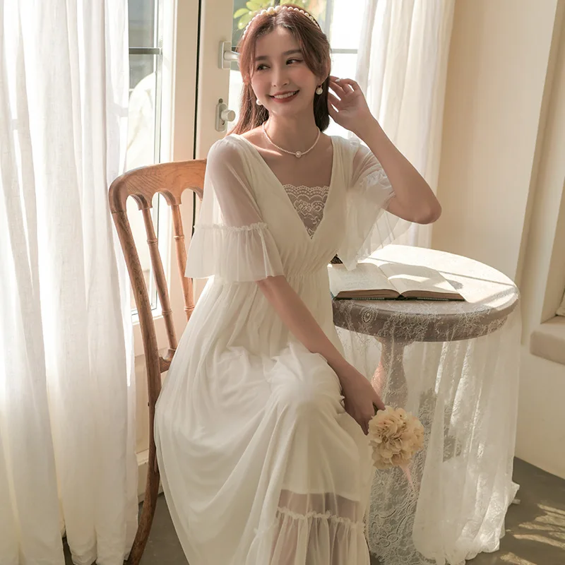 Princess style nightdress women's long sweet palace style lace pajamas ночная рубашка sexy nightwear