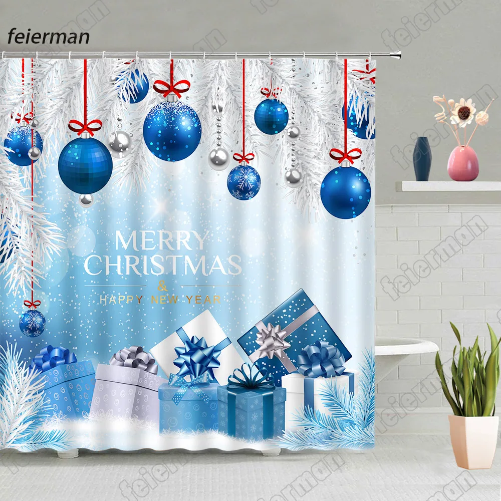 Christmas Shower Curtain for Bathroom Decor Creative Fir Branch Rope Ball Star Blue Xmas New Year Wall Hanging Fabric Curtains images - 6