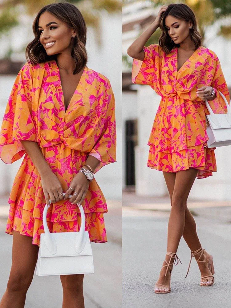 

Women Batwing Sleeve Mini Dress Sexy V Neck Boho Floral Print High Waist Loose Dresses Summer Beach Holiday Robe Dress Vestidos
