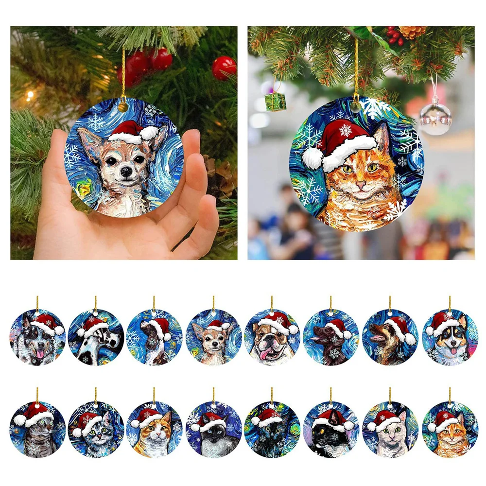 1Pcs Christmas Cute Dog Cat with Hat Pendant Xmas Decoration Pendant Cartoon Christmas Tree Pendant Home Car Backpack Ornament