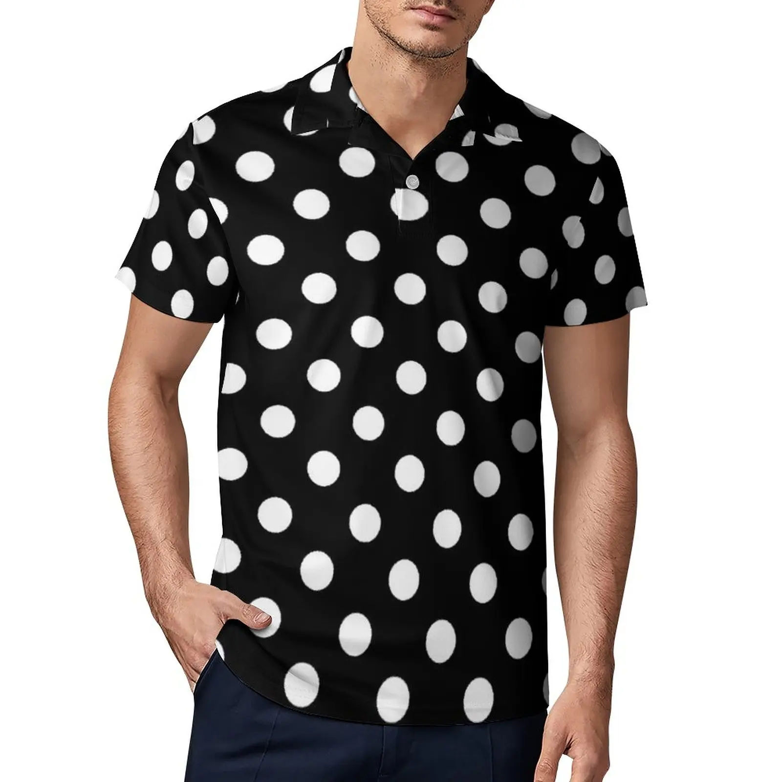 

Черно-белые рубашки-поло с принтом в горошек, модная повседневная рубашка в современном стиле, Пляжная мужская рубашка-поло с коротким рука...