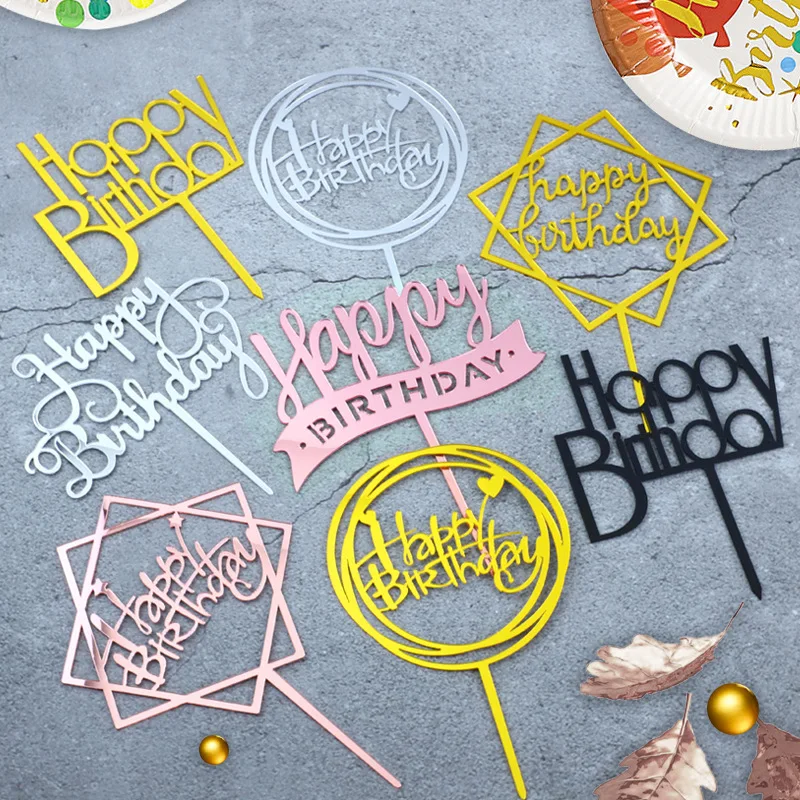 

New Baking Birthday Cake Decorating Plugin Acrylic English Card Love Round Golden Dessert Table Dress Up Party Favor Supplies