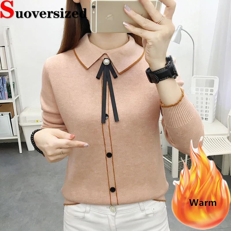 

Elegant Women's Winter Plus Velvet Sweater Korean Casual Knitwears Warm Thicken Bottomed Pullover Stretch Long Sleeve Tops New