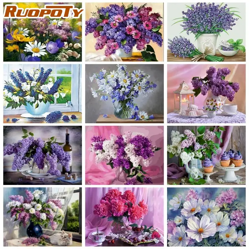 

RUOPOTY Oil Painting By Number Lavender Flower Vase 40X50CM Frame Painting By Number Painting Wall Decor