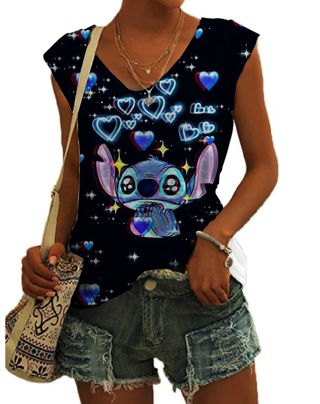 

Summer Harajuku Ladies New Lilo & Lilo Stitch Anime 2023 Disney Brand Ladies V Neck Sleeveless Tank Top Y2K