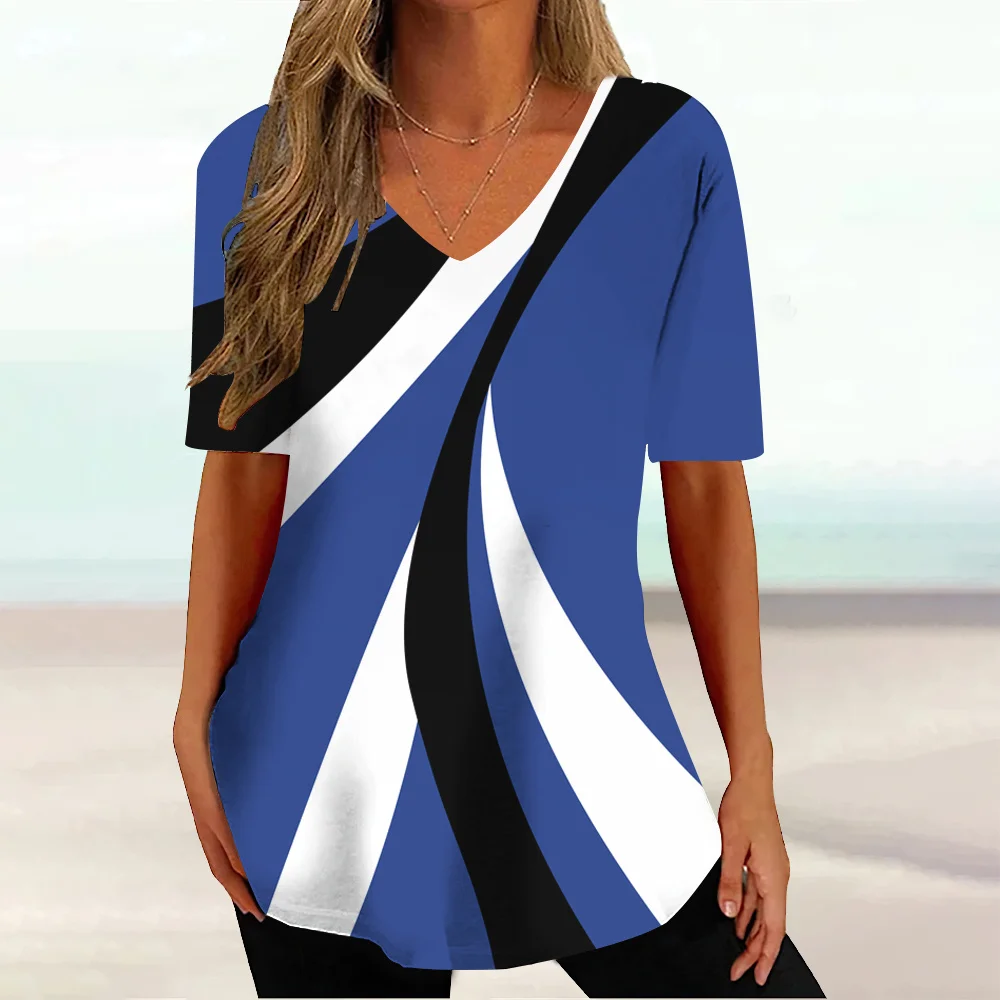 

Womens Tshirts Summer Fashion Short Sleeve Simple Casual Clothing Female V Neck Blouse Oversize Pullover Geometic Print Tees Top