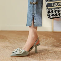 ladies pearl bow sandals fashion thin heel pointed womens pumps elegant goddess style matching skirt female shoes
