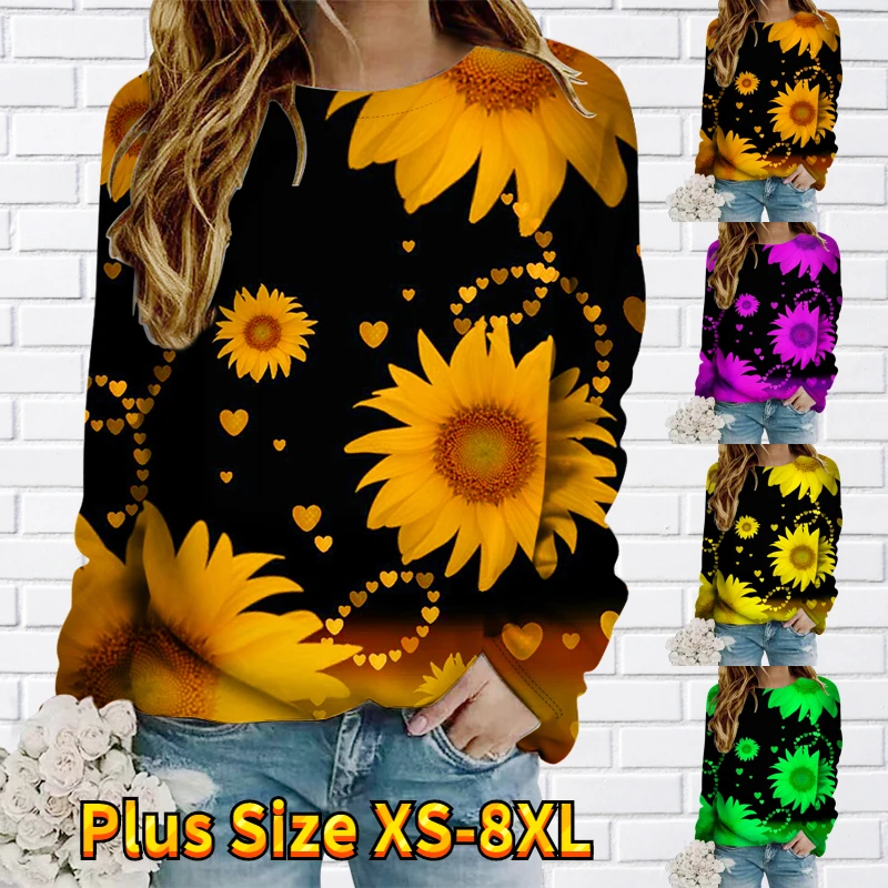

2022 New Winter Ladies Loose Tops Round Neck Sunflower Print T-shirt Retro Pullover Autumn Women Casual Long Sleeve Sweater