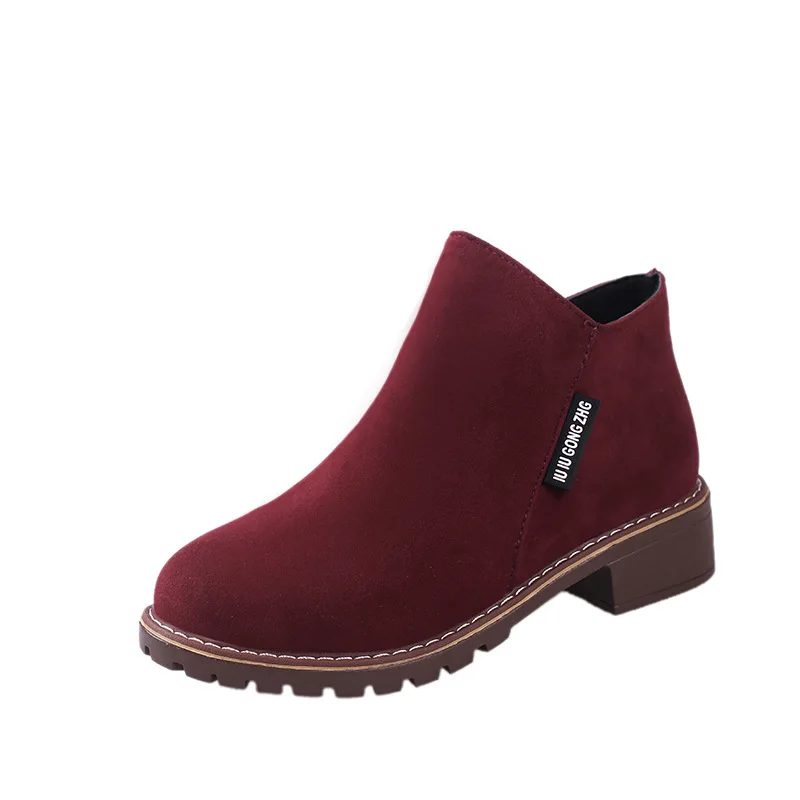 Plus Size 41 42 Solid Boots Women Spring Autumn Flock Med Heels Round Toe Low High Heels Ankle Booties Student Woman Short Boots