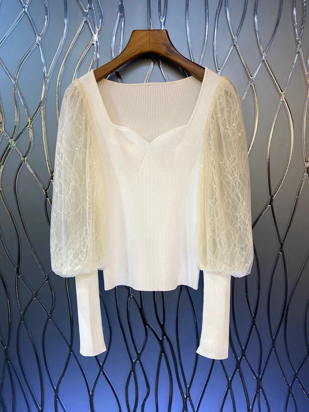 

2022 new women fashion lantern long sleeve sexy square neck knitted stitching mesh feminine top knitted 902