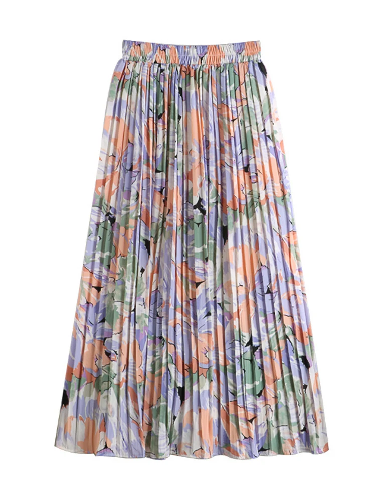 LANMREM Floral Skirts High Waist Thin Medium Long Chiffon Printed Pleated Long Skirt For Women 2023 Spring Summer New 2R1165 images - 6