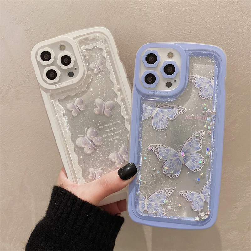

Butterfly Glitter Liquid Sequins Quicksand Case For iPhone 13 11 12 Pro Max XS XR X 7 8 Plus Clear Silicone Shockproff Cover