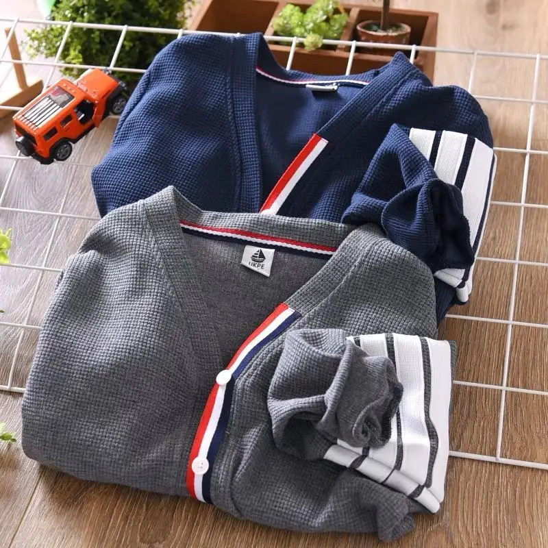 Boys' Cardigan Coat Spring and Autumn Medium and Big Children  New Casual Top Korean Super Hot Knitwear Western Style