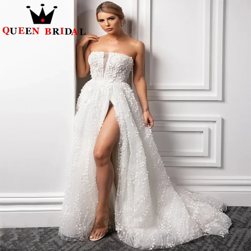 

Elegant Appliques Lace Beading Wedding Dress High Split Backless Floor Length Sleeveless Bridal Gown Robe De Mariée Custom S91Y