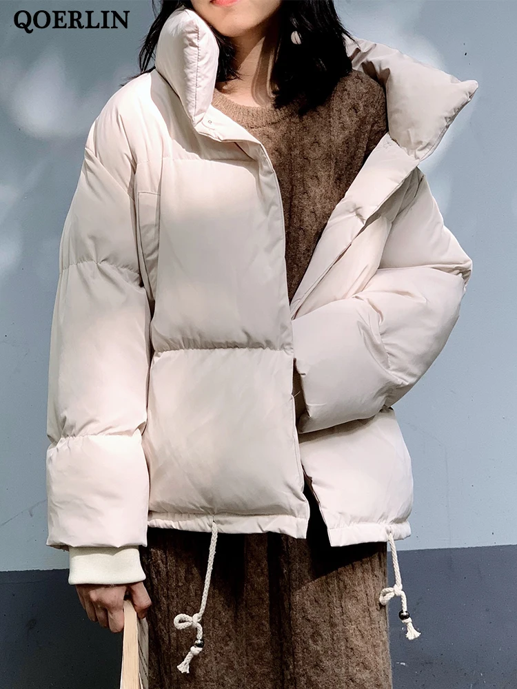 QOERLIN Thick Warm Winter Puffer Jacket Women Stand Collar Button Down Oversized Coat Female Solid Color Long Sleeve Overcoat