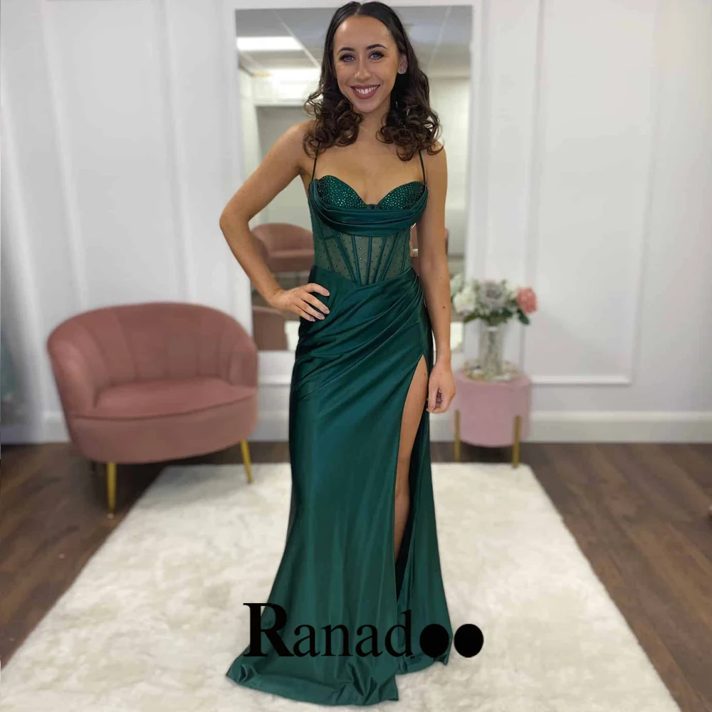 

Ranadoo Classic Satin Formal Party Dresses For Women Spaghetti Strap V Neck Illusion Court Train Lacing Up Backless Custom Made