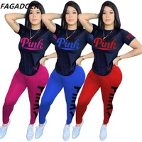 fagadoer summer casual pink letter print two piece sets women short sleeve top and skinny pants tracksuits famale 2pcs outfits