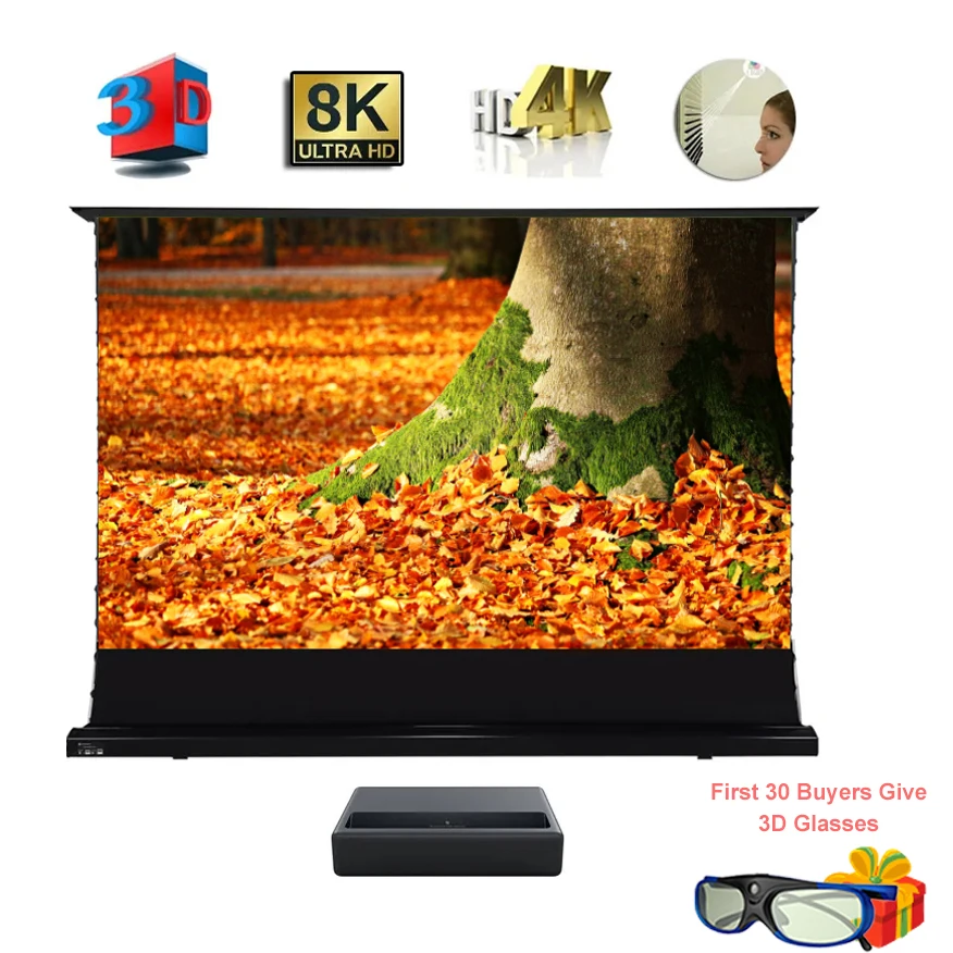 

ALR Ambient Light Rejecting Motorized 120 Inches 120'' Electric Tab Tension Floor Rising Screen for UST Laser 4k Projector