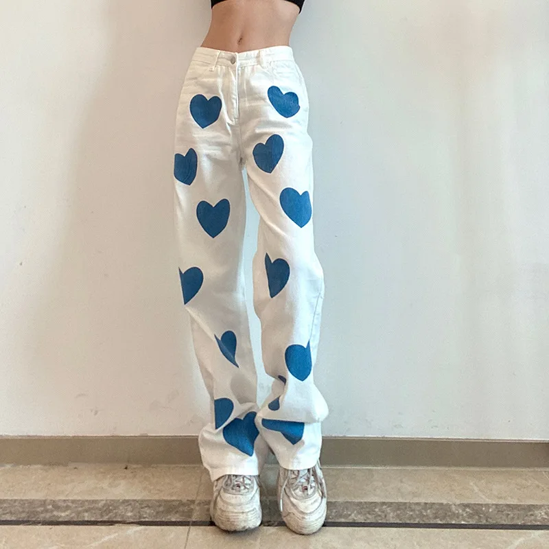 Harajuku Heart Print White Casual Jeans Women Hip Hop High Waist Denim Pants Capris Skinny Straight Trousers 2023 Streetwear New