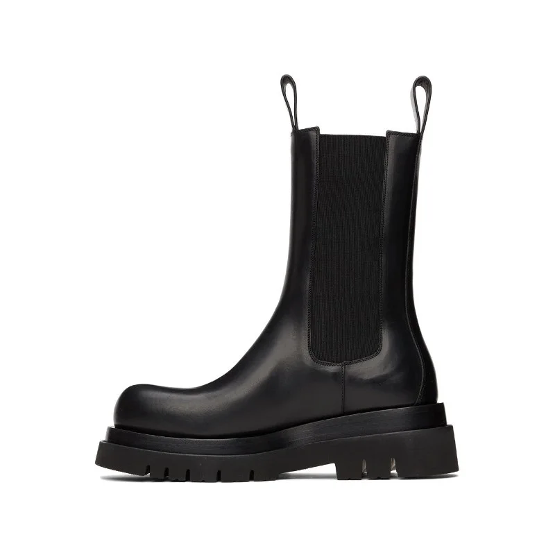 

British Style Black Leather Men Motorcycle Boots Tire rubber-trimmed Low Heeled Outdoor Ankle Boots Lace Up Casual Shoes