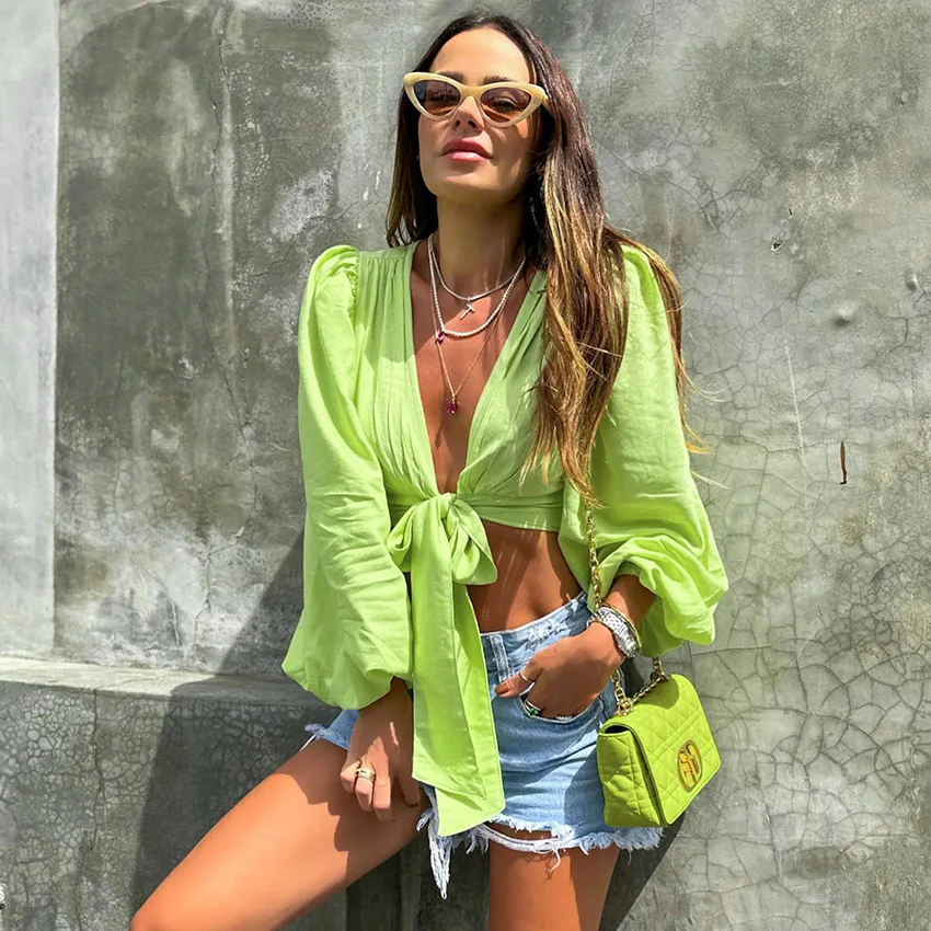 

Women Shirt 2023 New Cotton Shirt Short Lace Up Bowknot Lantern Sleeve Shirt Comfortable and Breathable Blouse Women