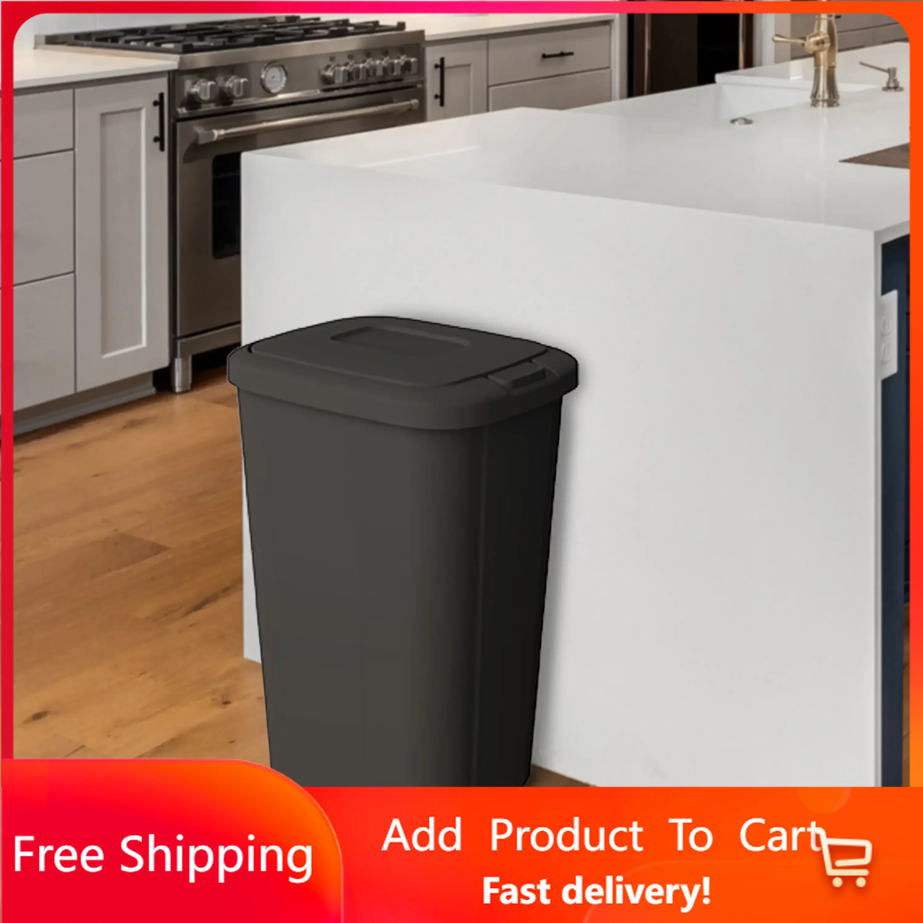 

13.3 Gallon Trash Can, Plastic Touch Top Kitchen Trash Can, Black Free Shipping