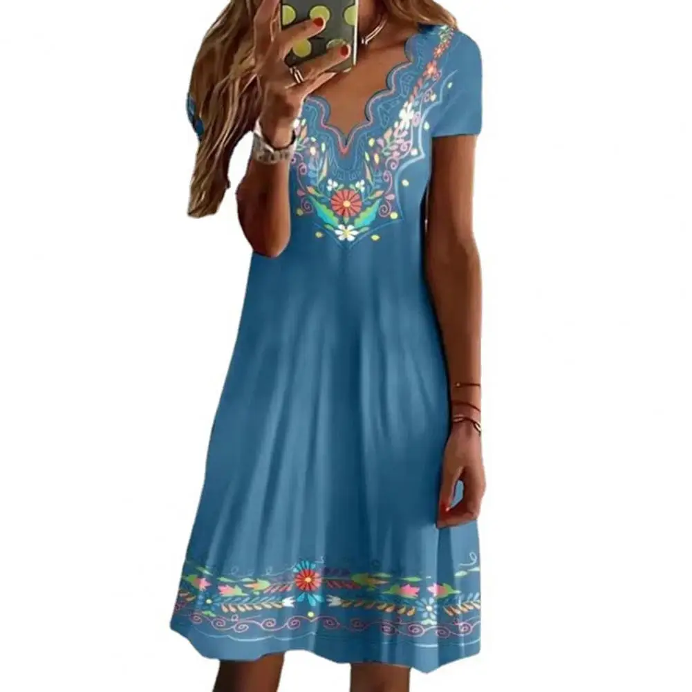 

Women Dress V Neck Fan-shaped Edge Breathable Above Knee Short Sleeves Loose Vintage Flower Print Mini Dress Female Clothing