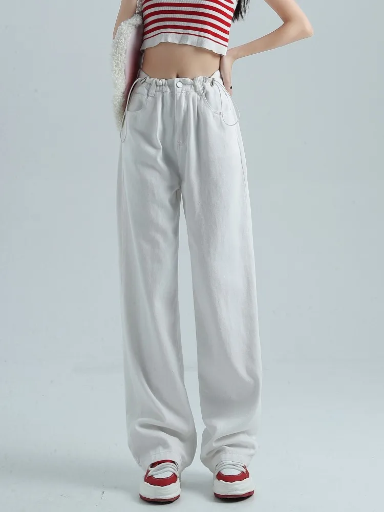 

GUUZYUVIZ White High Waist Drawstring Straight Wide Leg Jeans Woman Loose Korean