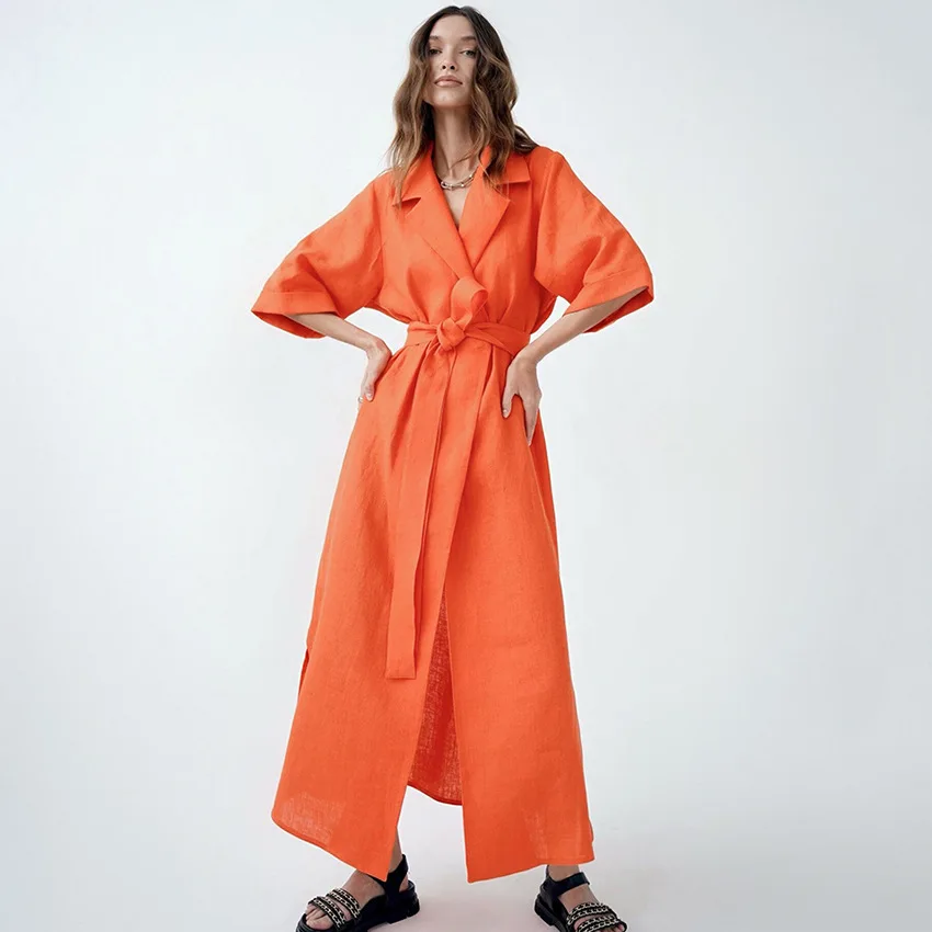 

Summer Short Sleeve Robe Cotton and Linen Pajamas Long Bathrobe Loose Housewear Women Nightgown Night Wears for Woman Robes