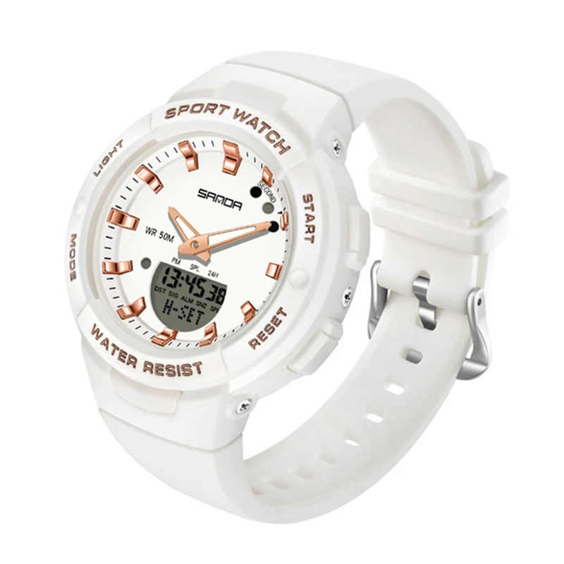 SANDA New Luxury White Fashion Sport Women's Watch Military Waterproof Multifunctional LED Digital Quartz Relogio Feminino 6005 enlarge