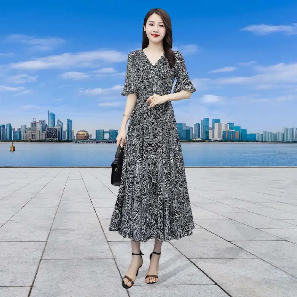 

Women Long Dress Short Sleeves Printed Dress Ladies Summer Casual Printed Dress