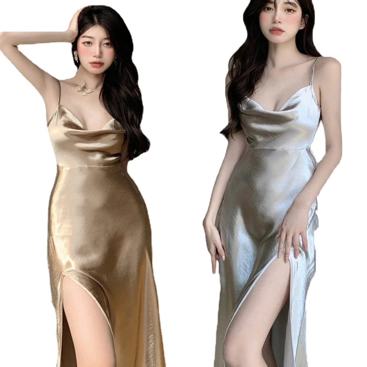 Атласное шелковое платье средней длины с V-образным вырезом и высокой талией