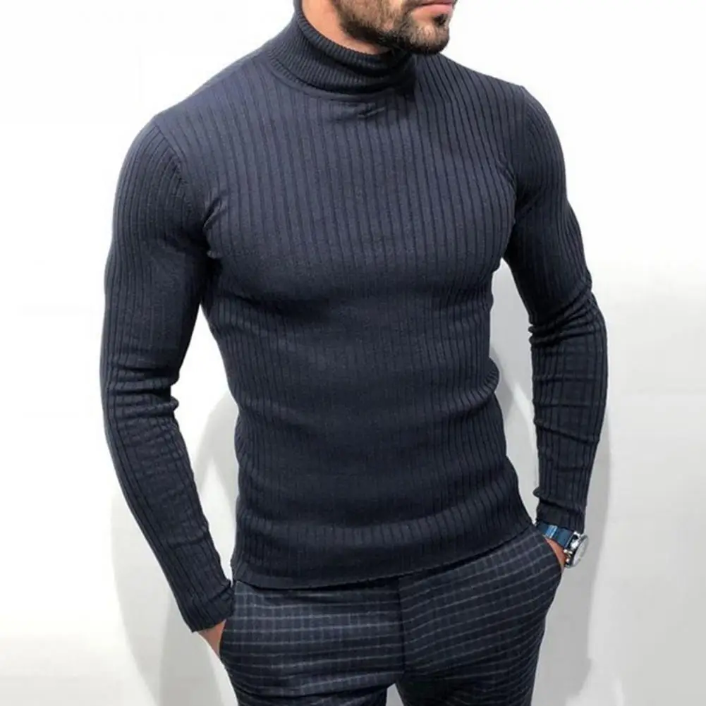 

Men Sweater Solid Color Pullover Elastic Basic Easy to Match High Collar Knitted Long Sleeve Soft Winter Sweater Daily Clothes