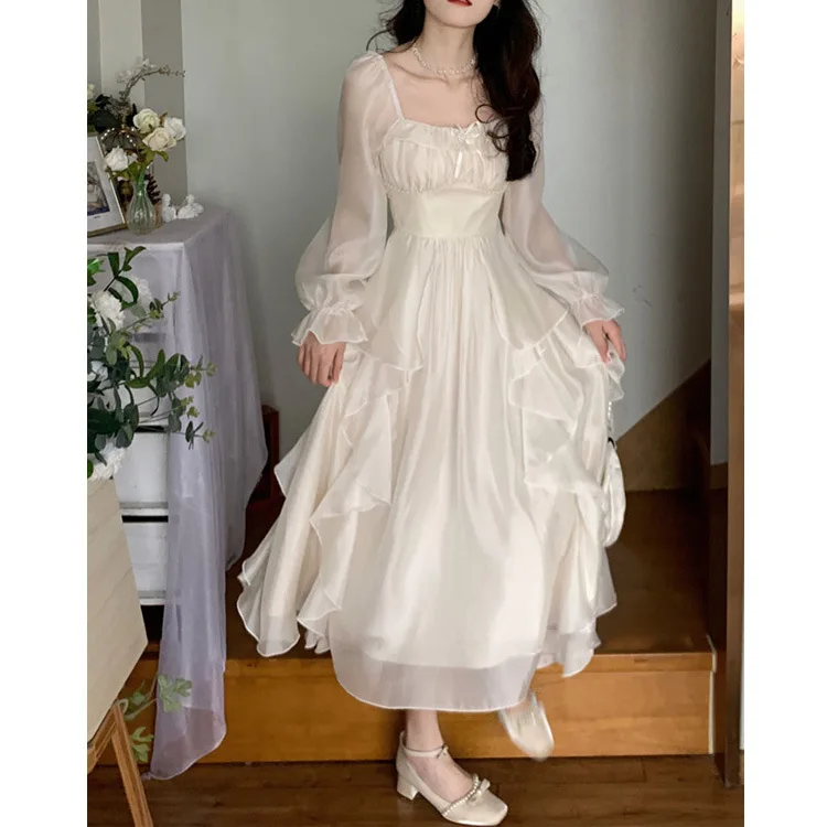 

2023 New Vintage Fairy Chiffon Long Dress Women White Elegant French Party Midi Dress Puff Sleeve Casual Women's Clothing