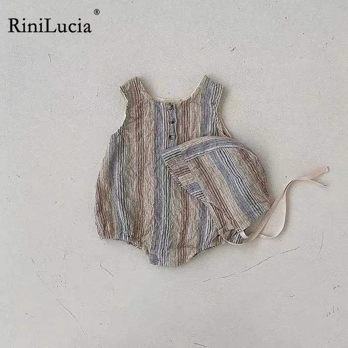 

RiniLucia Summer Baby Boy Girl Rompers Cotton Sleeveless Newborn Infant Romper Jumpsuit with Hat Striped O-neck Baby Clothing