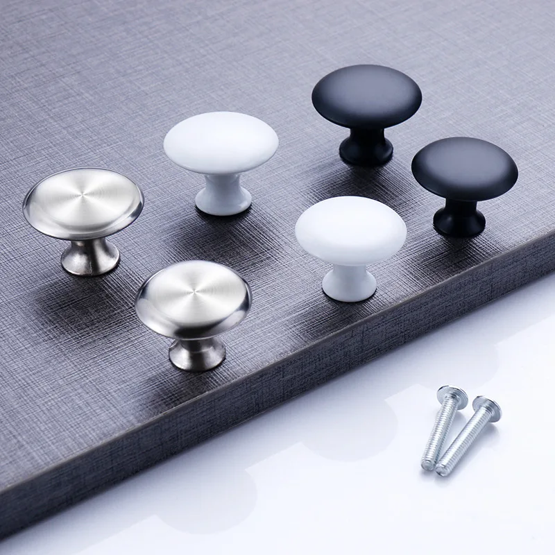 

European Mushroom Porcelain White Black Single Hole Handle Modern Simple Wardrobe Cabinet Round Stainless Steel Drawer