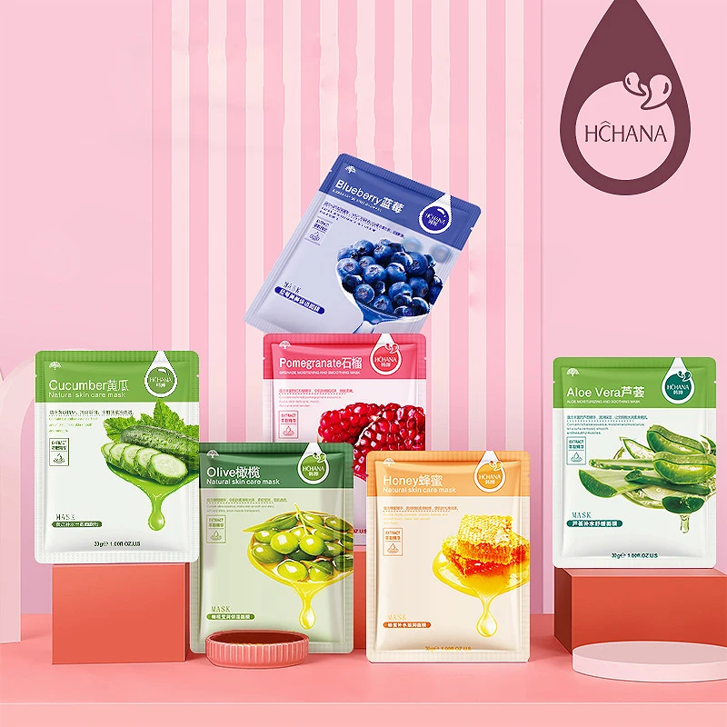 

30PCS/lot Face Mask Skin Care Sheet Mask Blueberry Aloe Vera Olive Honey Pomegranate Whitening Brighten Moisturizing Facial Mask