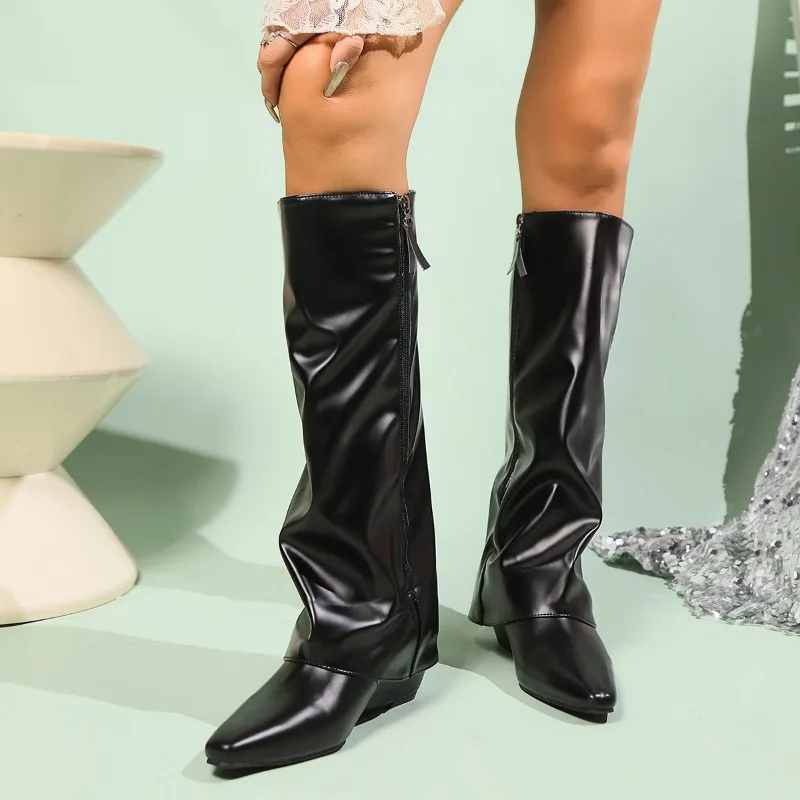 Женские сапоги на одинарном каблуке осенние новые остроконечные боковые молнии