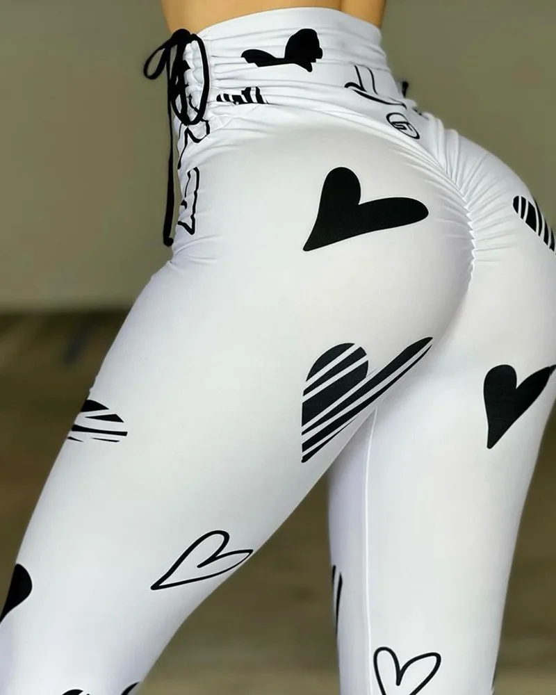 Heart Print Drawstring Scrunch High Waist Leggings Women Skinny Slim Fashion Casual Women Pants Leggings Running Gym