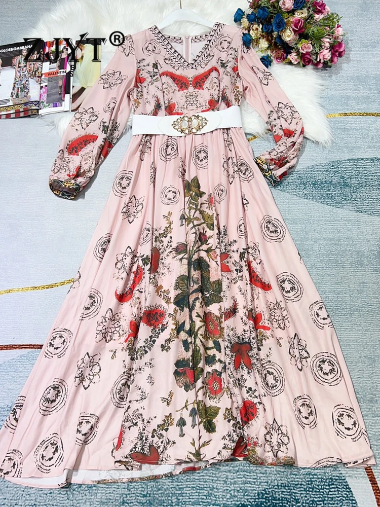 

Женское шифоновое платье макси ZJYT, модельное винтажное платье с длинным рукавом и принтом, платье для отпуска с V-образным вырезом