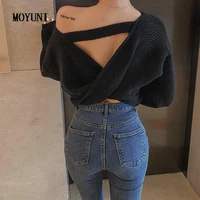 womens black backless knitted sweater sexy elegant retro off the shoulder slash long sleeve crop sweaters fashion autumn top