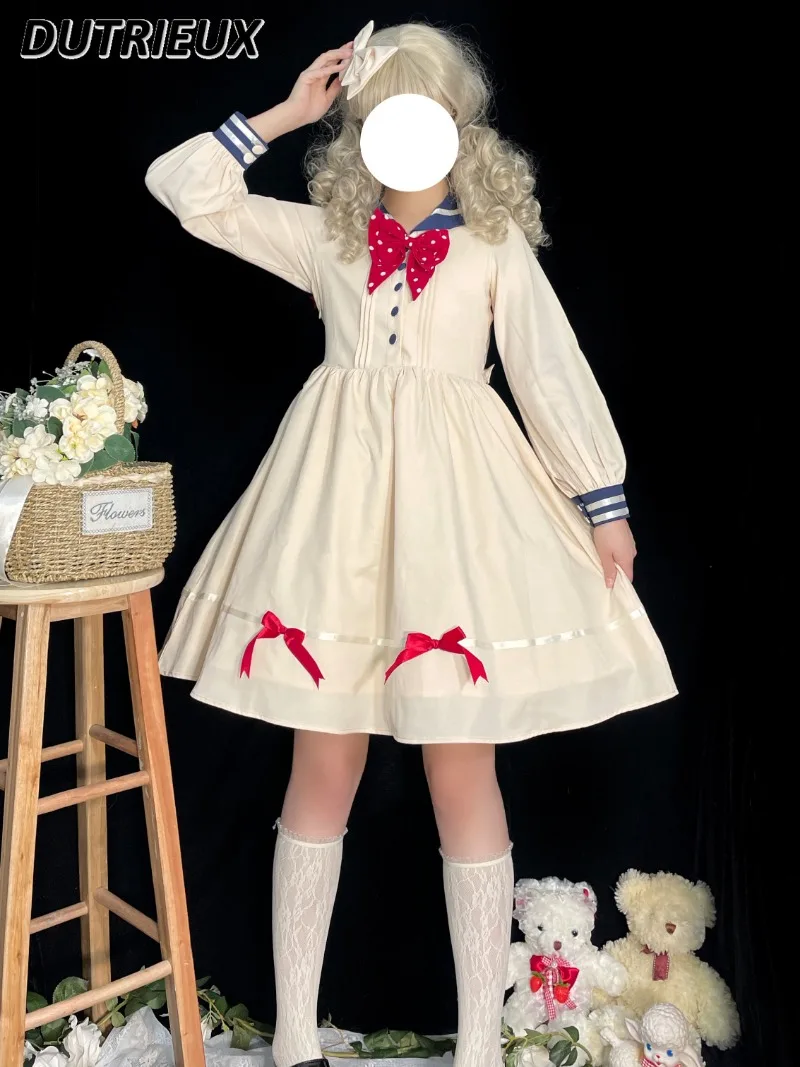 

Spring and Autumn Sailor Collar Soft Girl Mid-length Dress Preppy Style Daily Long Sleeve Op Lolita Sweet Dress for Women