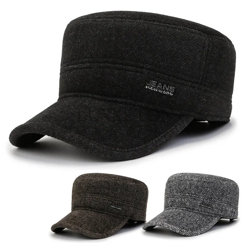 

Warm Plush Military Hat for Men Winter Thicken Earmuff Cap Outdoor Ears Protected Cadet Caps Dad Retro Flat Top Hats