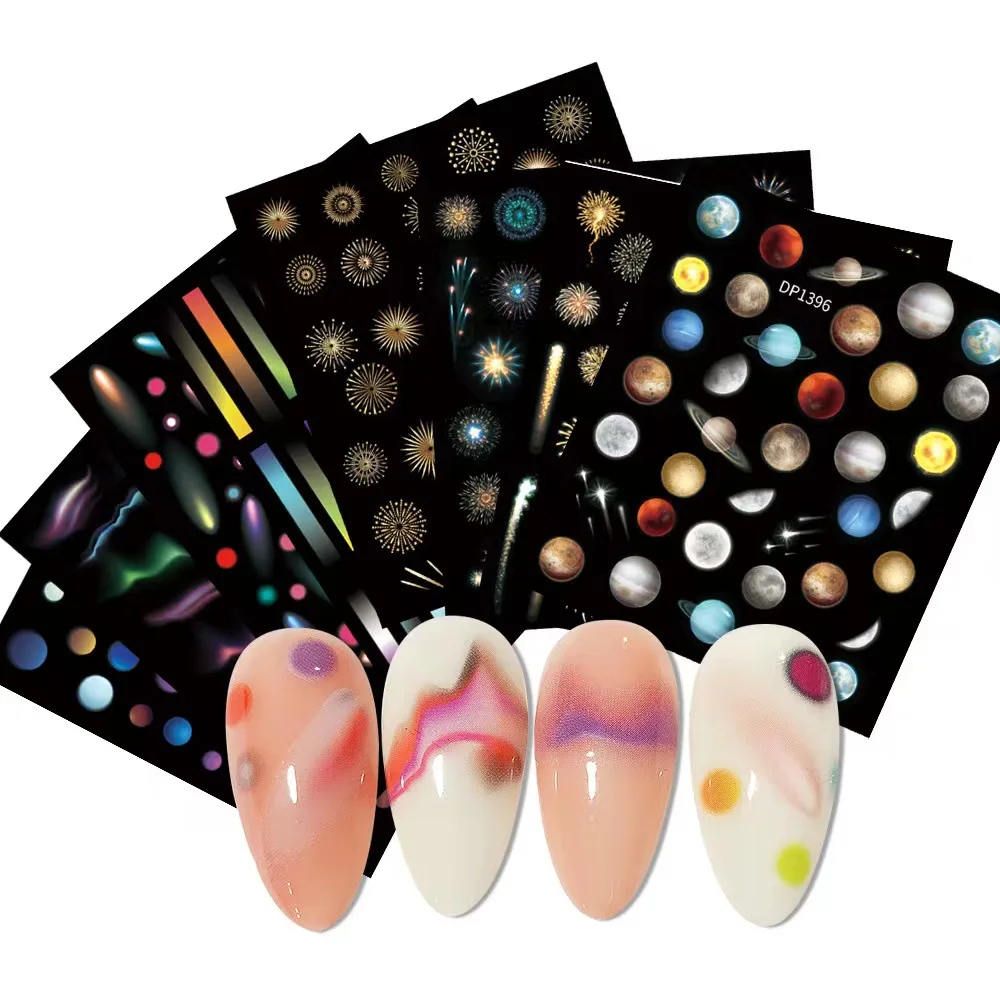 

2 Sheets/lot Bright Colorful Fluorescent Feather Fireworks Planet Adheisve Nail Art Stickers Decals Manicure Accessories Tips