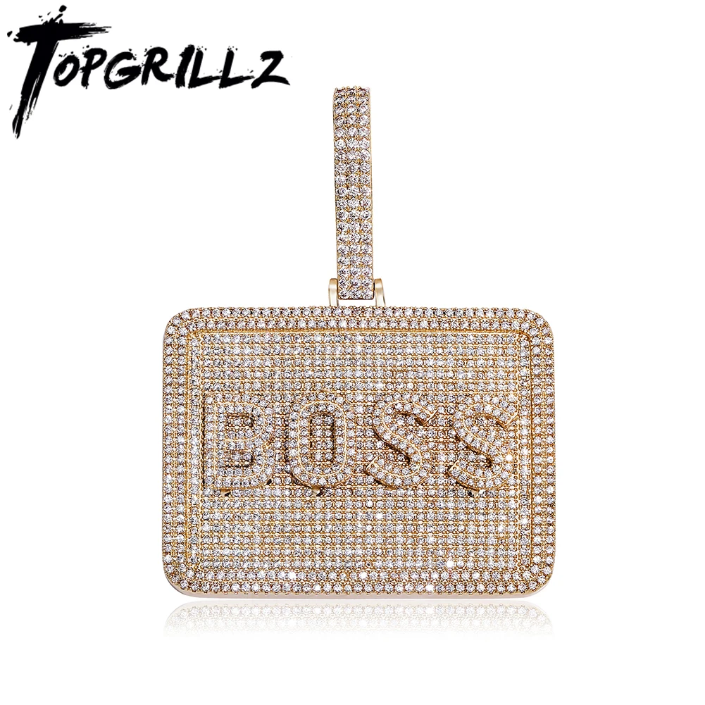 TOPGRILLZ New Couple Pendant 2 Sizes Square Card Custom Letters Necklace Solid Back Micro Pave Cubic Zirconia Hip Hop Jewelry